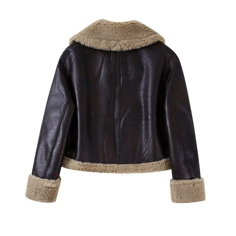 ZXRYXGS 겨울 우수한 부드러운 PU 가죽 코트, 모조 모피 라펠 칼라, 두꺼운 여성 재킷, 2024 새로운 패션 따뜻한 코트 타이드