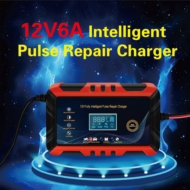 Car Battery Charger 12V Intelligent Pulse Repair LCD Display Car Battery Motorcycle Battery Charging Battery Repair Charger