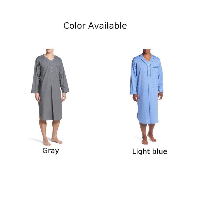 Camisola de manga comprida solta com decote em v masculina, pijama leve, pijama de algodão, camiseta azul clara e cinza, M, 3XL