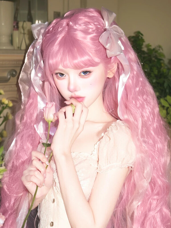 Wig wanita rambut panjang, rambut palsu panjang wanita, merah muda, ikal kecil Jepang Lolita Universal Cos, mode keriting alami, kepala penuh