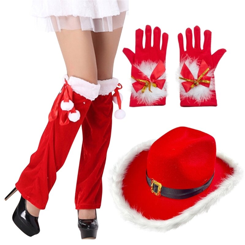 Рождественская ковбойская шляпа, перчатки, гетры, унисекс, зимние подарки для взрослых и подростков, косплей Санта-Клауса на
