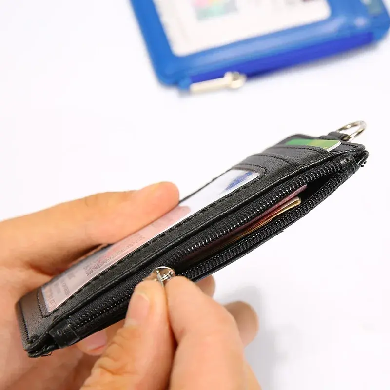 1 PC Kulit ID Card Tali Zipper Kartu Case Pemegang Kartu Organizer Portable Dompet