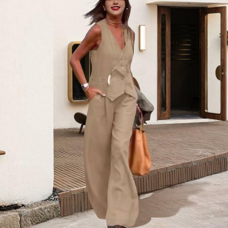 Women V-neck Vest Outfit Women Two-piece Suit Women's Sleeveless Vest Pants Set with V Neck Top Elastic Waist Side for Daily