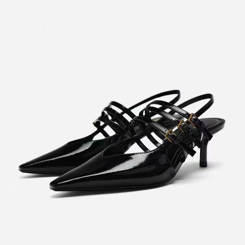 TRAF Buckle Straps Sliettos Pumps 2024 New  Pointed Head Patent Leather Woman's Heels Black Slingbacks Sandals Shoes For Women