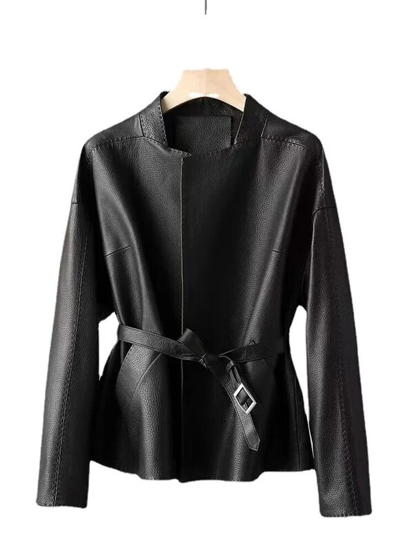 女性のための革のジャケット,光沢のあるテキスタイル,ショート,スタンドカラー,ウエストバンド,薄いベルト,シープスキン,新しいコレクション