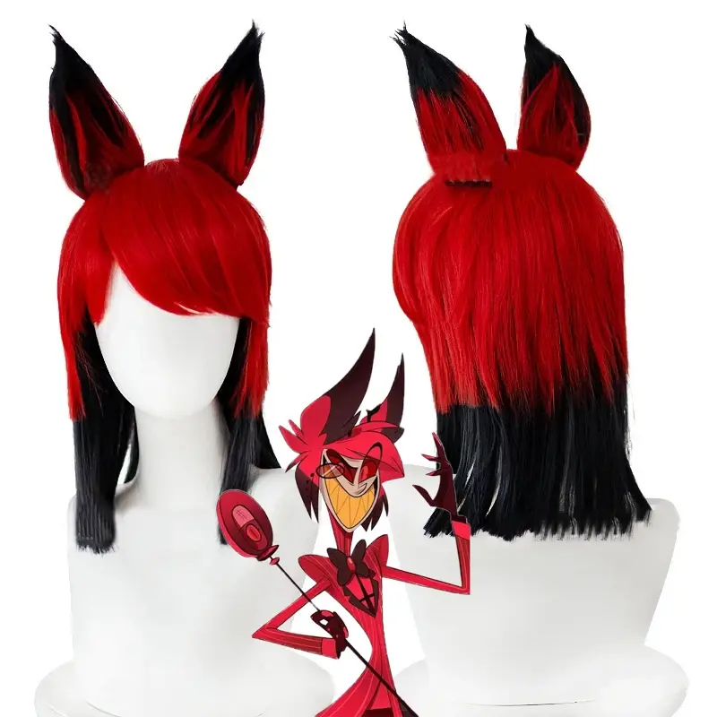 Anime Alastor Wig Cosplay dewasa uniseks merah hitam rambut pendek Styling tahan panas Wig sintetis topi Halloween Prop