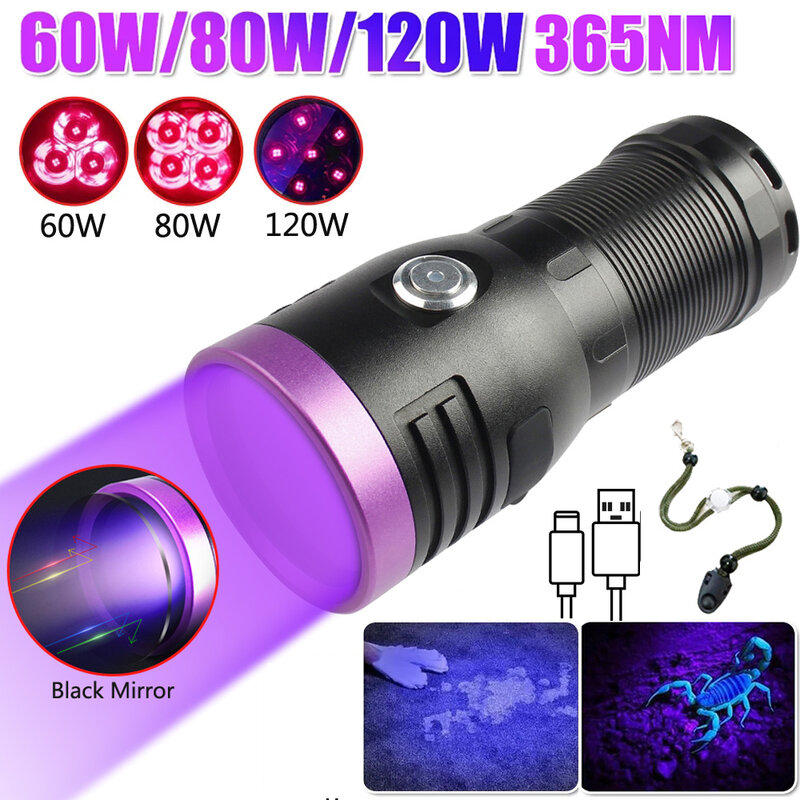 Linterna UV tipo C de alta potencia, linterna recargable, espejo negro, luz púrpura, linterna de detección UV, 60W, 80W, 120W, 3/4/6 núcleos, 365nm