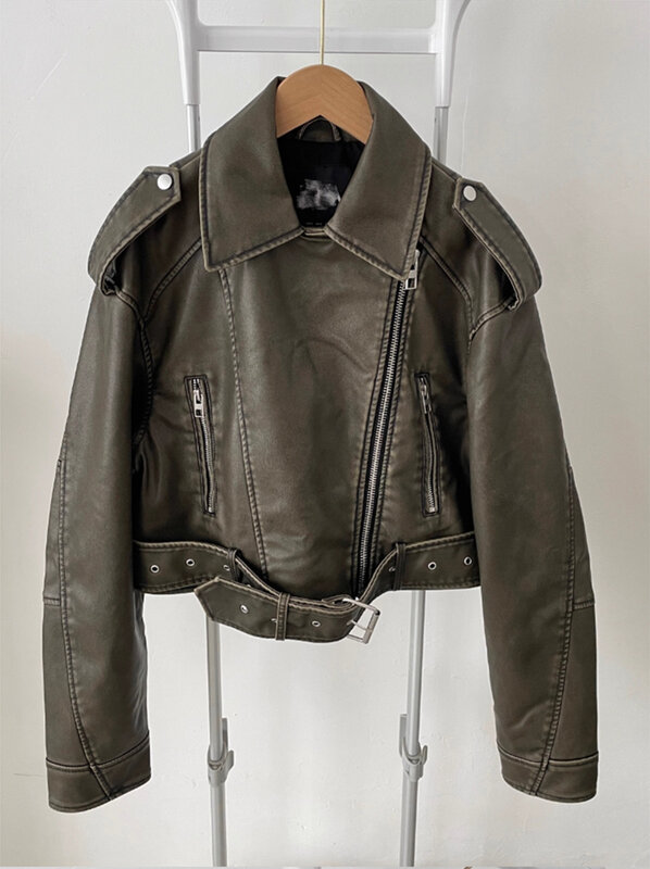 2024 primavera autunno Cool Short Loose Pu Leather Biker Jacket Women Zipper Blet Retro Female European Fashion Streetwear