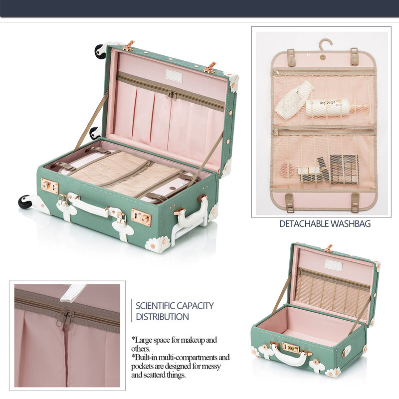 COTRUNKAGE Set bagasi Vintage 3 buah, koper barang bawaan feminin motif bunga lucu dengan roda putar, Mint timbul