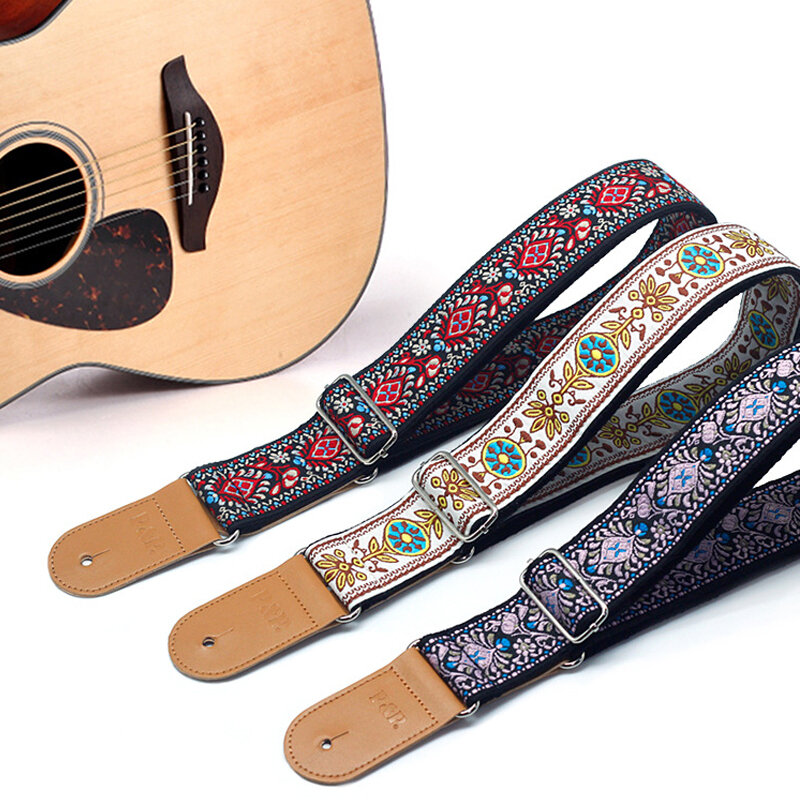 Ремень с вышивкой для гитары, мягкий Регулируемый хлопковый ремень с цветами в винтажном стиле и кожаная головка для гитары, музыкальный инструмент, оптовая продажа