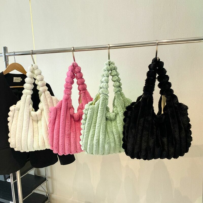 Large Capacity Plush Handbag Cute Coin Purse Korean Style Plush Tote Bag Lunch Bag Solid Color Plush Shoulder Bag Travel