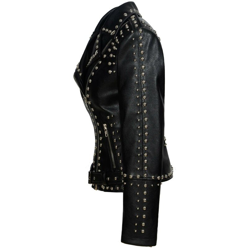 2022 SX 여성용 짧은 스팀펑크 PU 재킷, 라운드 리벳 장식, 메탈 지퍼, 슬림핏 방풍 코트, 패션, 가을, 겨울, 신상