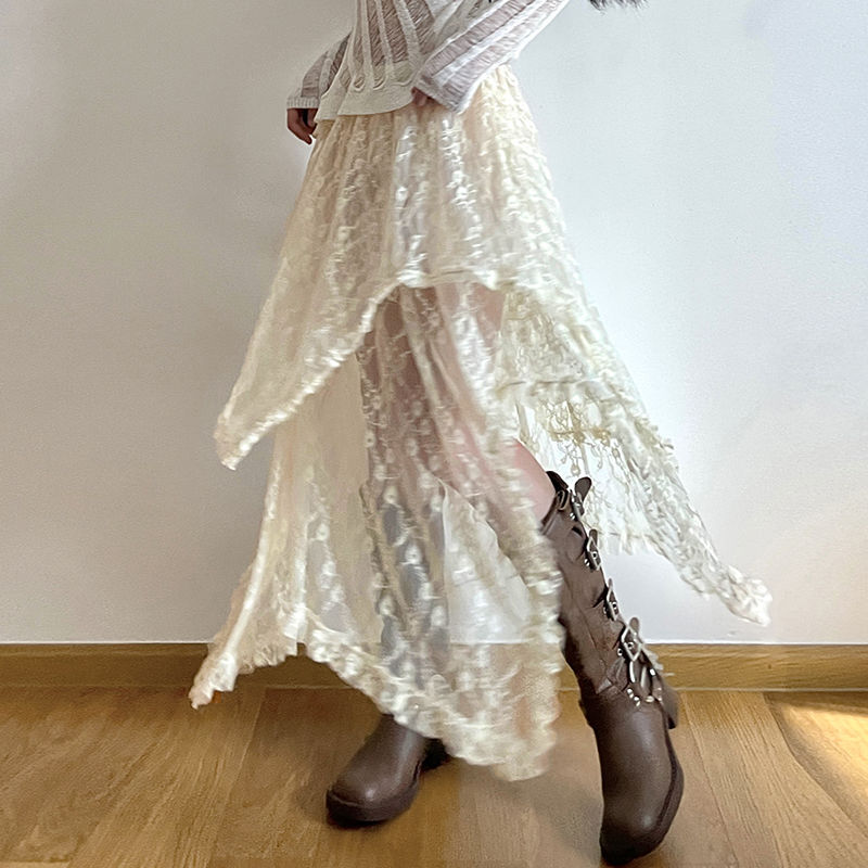 Deeptown koronkowe asymetryczna spódnica Fairycore damskie Vintage Y2K Boho estetyczna moda wysoka talia spódnice damskie stroje świąteczne