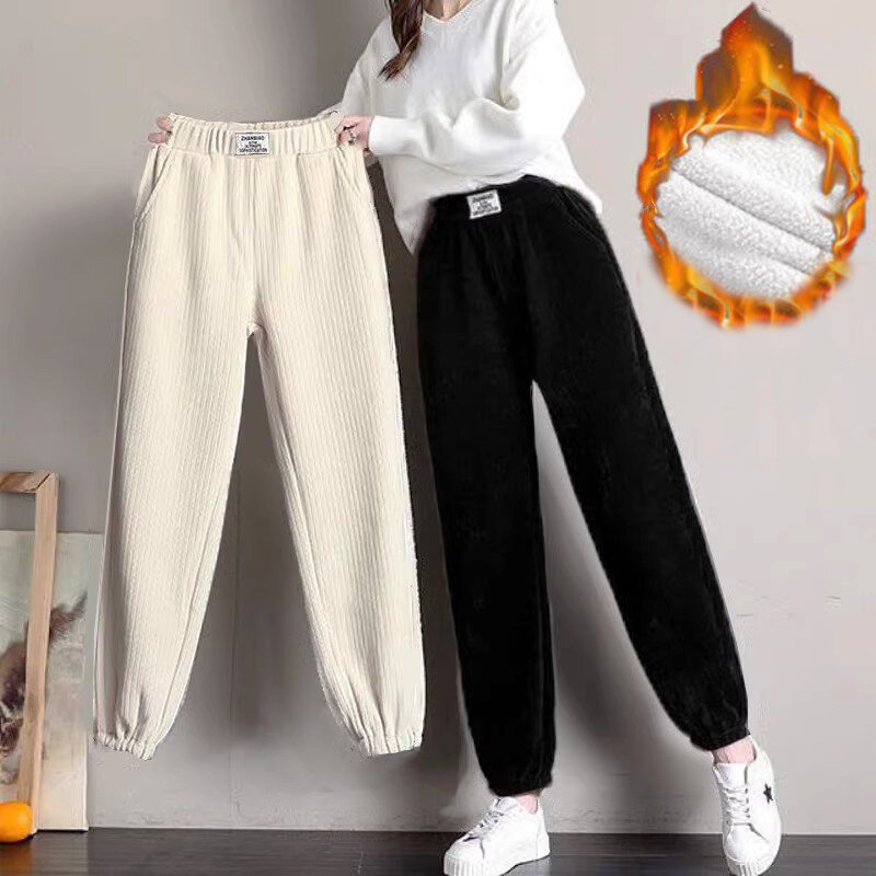 Sztruksowe damskie luźne wyszczuplające i ciepłe spodnie damskie jesienno-zimowe pluszowe i zagęszczone sportowe spodnie Harlan legginsy