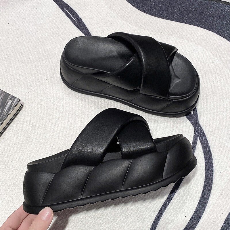 High Platform Slippers For Women Open Toe Leather Wedges Chunky Sandals New Summer soft Thick Bottom Female Beach Flip Flops 9CM