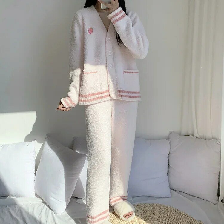 Ensemble de pyjama d'hiver de style coréen pour femmes, velours, manches longues, vêtements de nuit pour femmes avec pantalon, chaud, imbibé pour femme, 2 pièces