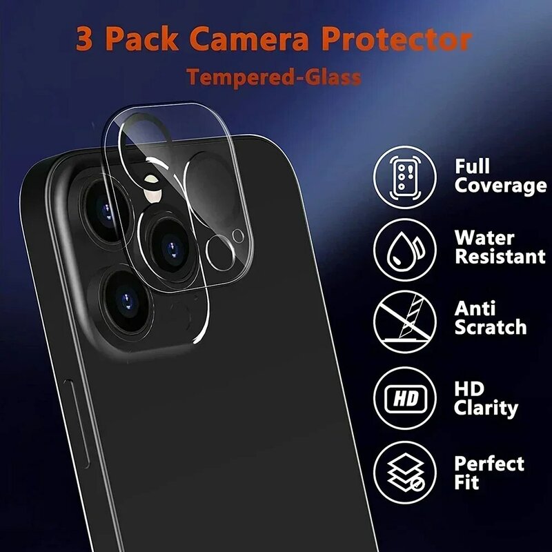 Protector de lente de cámara de vidrio templado para iPhone, dureza 9H, resistente a los arañazos, 15, 14 Plus, 13, 12, 11, 15 Pro max, paquete de 3