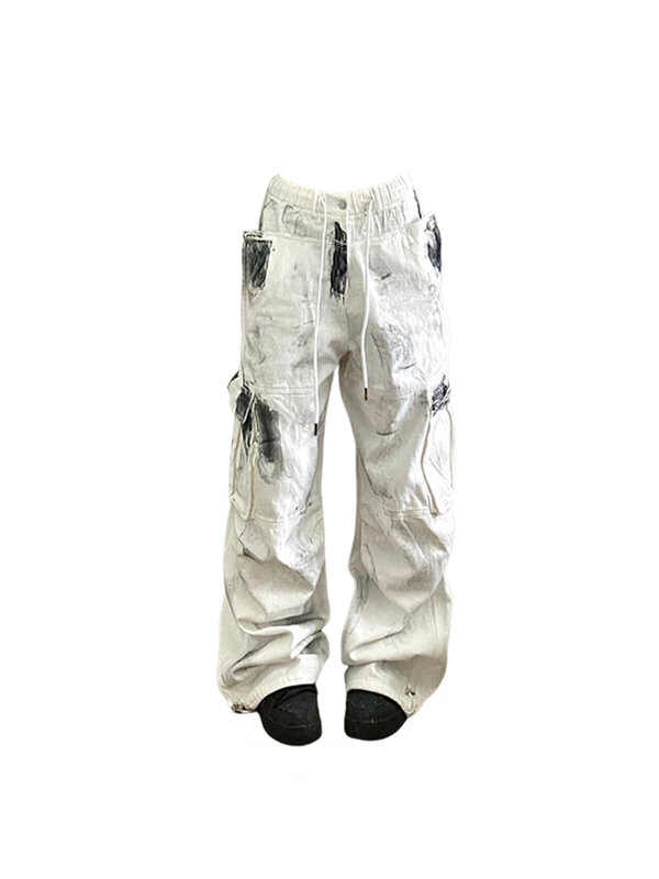 Jeans kargo putih wanita Y2k 90s antik pinggang tinggi kaki lebar celana Denim Harajuku celana Jean longgar 2000s pakaian fashion 2023