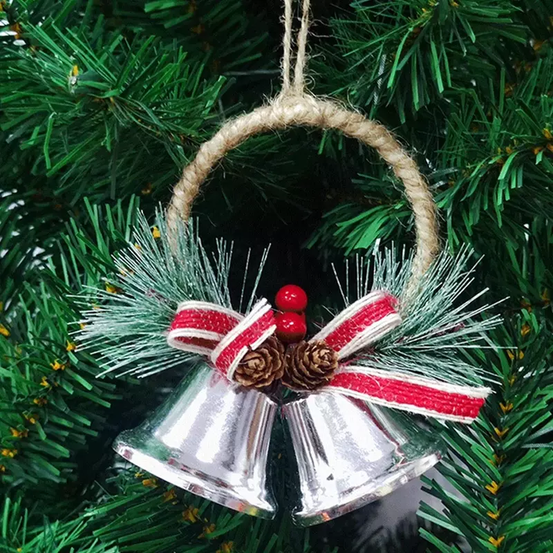 2 buah cincin lonceng perak rotan ornamen pohon Natal Tahun Baru dekorasi gantung pesta pernikahan beranda taman tali hewan peliharaan