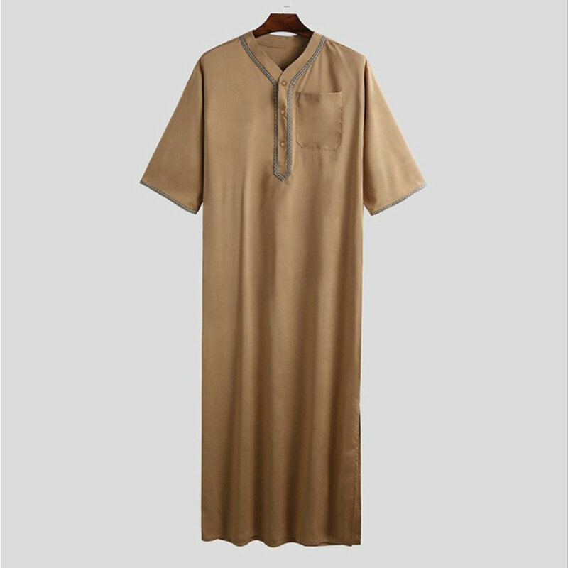 Summer Muslim Men Jubba Thobe Solid Button Kimono Middle Robe Saudi Musulman Shirt Stand Collar Islamic Arabic Kaftan Men Robes