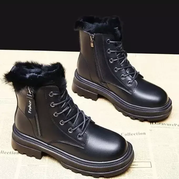 Zapatos Mujer sepatu bot pendek hangat wanita, sepatu bot salju sol tebal hangat hitam dan putih musim dingin 2024