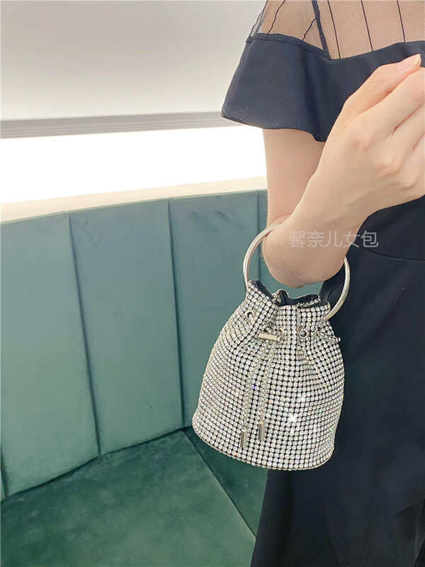 Blingbling Luxury Rhinestone Women Handbag New Fashion Full Diamond Chain Bucket Bag Cylinder Bag for Business Party