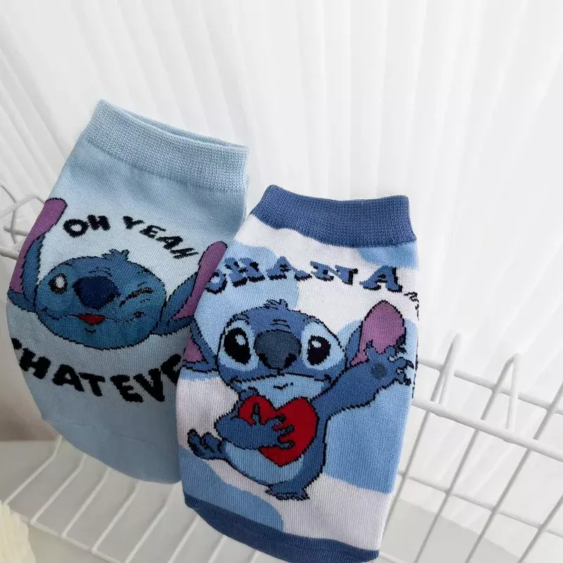 1 pasang kaus kaki gambar kartun Stitch baru kaus kaki pendek wanita kaus kaki pendek imut satu ukuran kaus kaki perahu wanita kaus kaki motif kartun kaus kaki biru