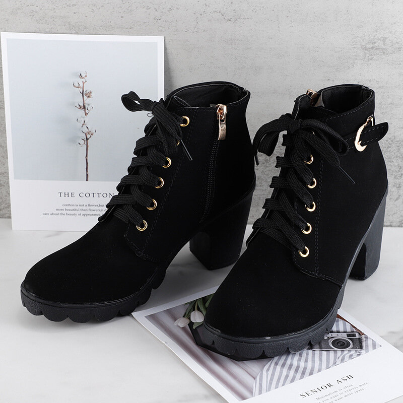 Botas de tacón alto de Pu para mujer, zapatos con cordones de alta calidad, botas europeas, primavera e invierno, novedad