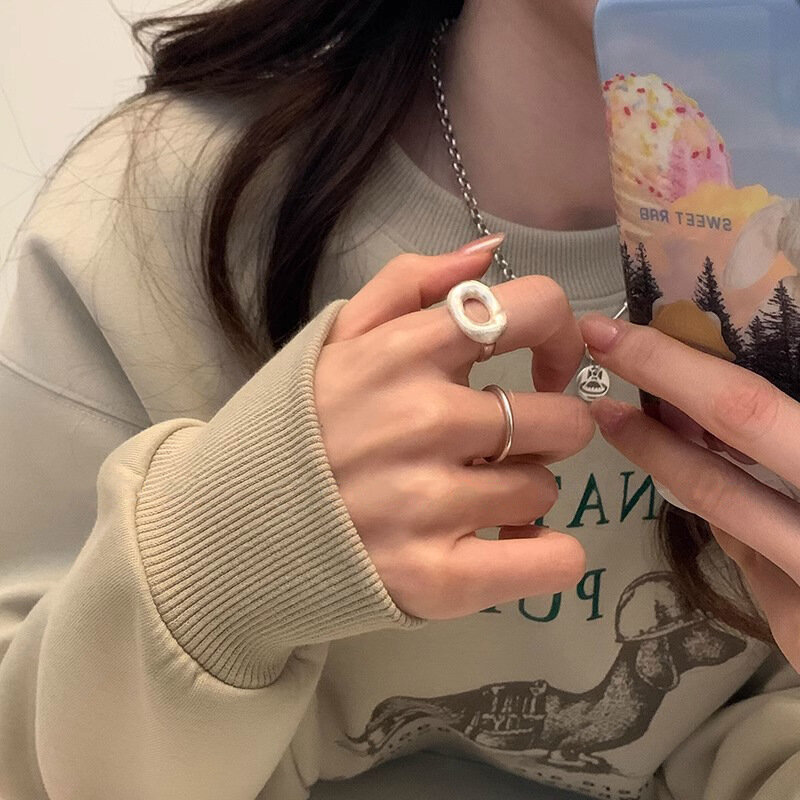 925 스털링 실버 여성용 심플 할로우 반지, 기하학적 패션 스마일 오픈 수제 알레르기 파티 쥬얼리 선물