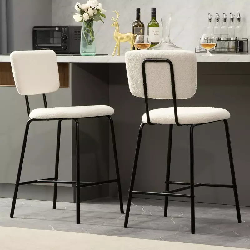 Taburete de Bar tapizado en color blanco para cocina, taburete moderno de tela de Boucle para Bar, Bistro, Pub, sin brazos, 2 unidades