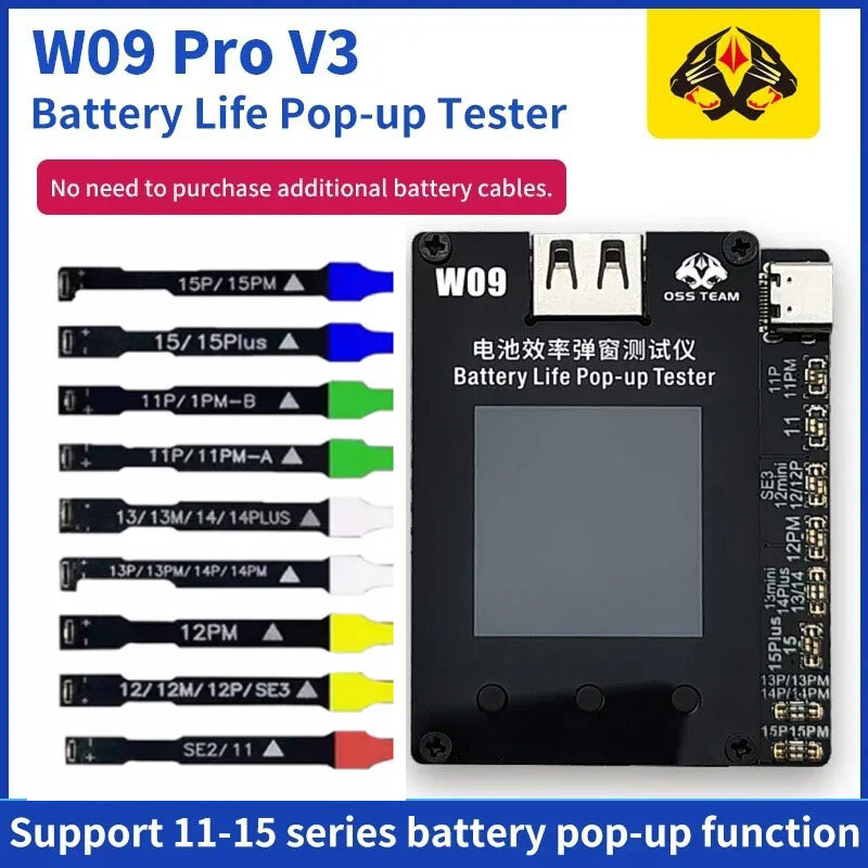 Тестер эффективности батареи OSS W09 Pro V3, всплывающий тестер без внешнего кабеля, эффективность прямой карты 100, ремонт данных для iPhone 11-15Pro max