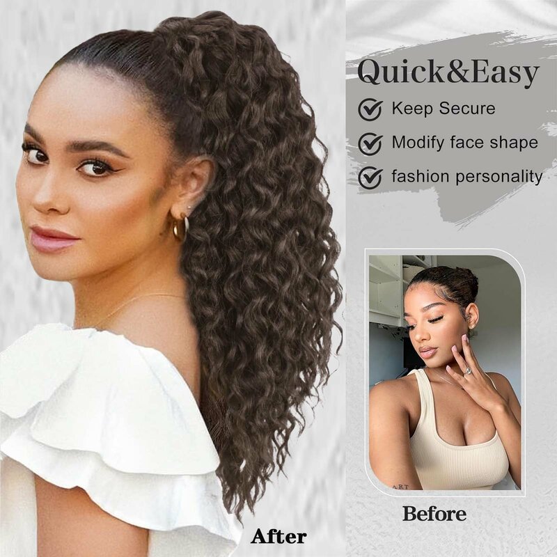 Ponytail Extension Drawstring Curly Wavy Ponytail for Black Women  Fake Clip in Ponytail Hair Black Brown 18 Inch Synthetic Wig