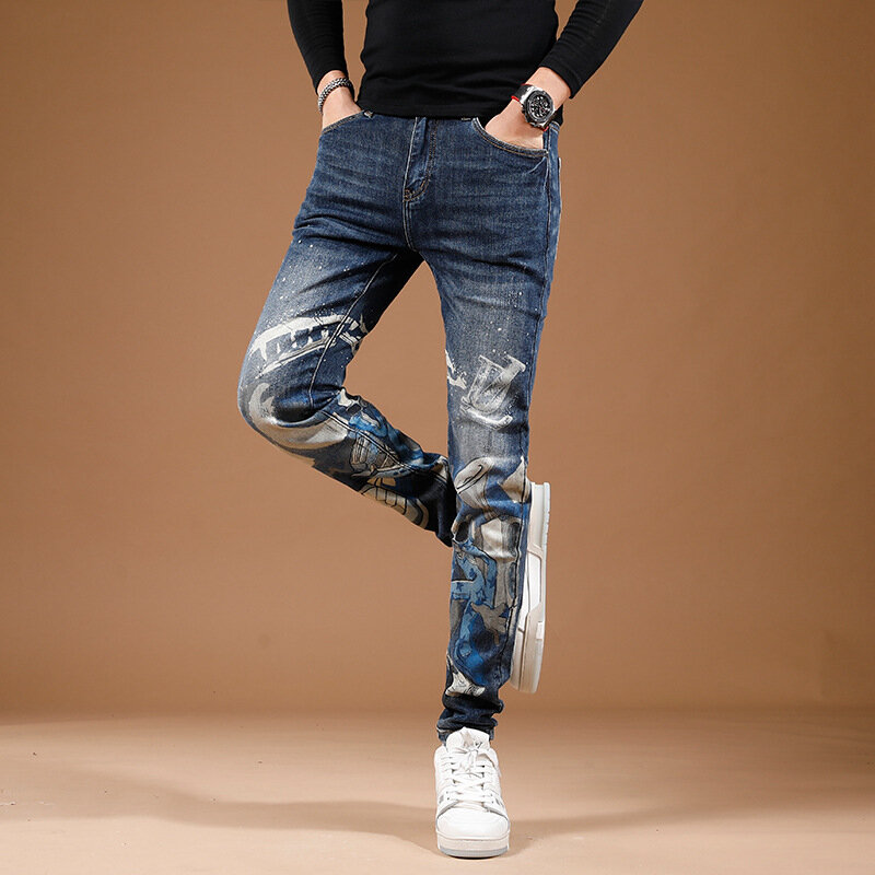 2024 new fashion printed personalized jeans for men's street slim fit elastic feet high end trendy denim pants