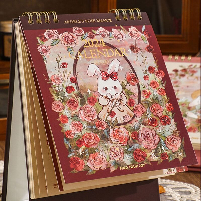 Cartoon Rabbit and Rose Desk Calendars Calendar, Est Rose Calendar, 2024 Year Planner, Monthly Daily Schedule Planner, New