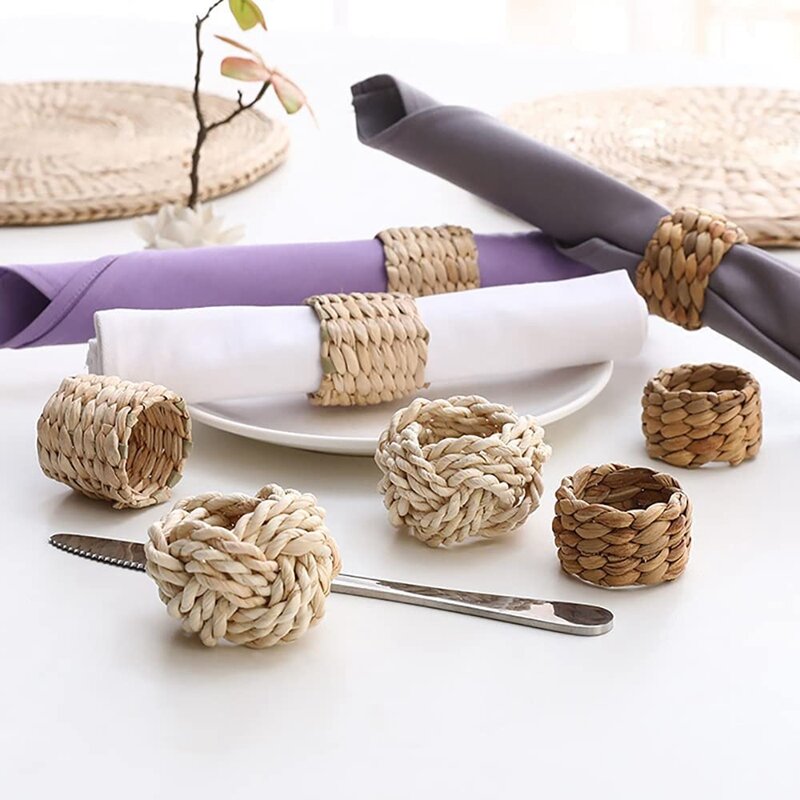Anillo de servilleta tejido de hierba trenzada hecha a mano, hebilla de servilleta Natural para mesa de comedor, vacaciones, decoración de fiesta, 6 piezas