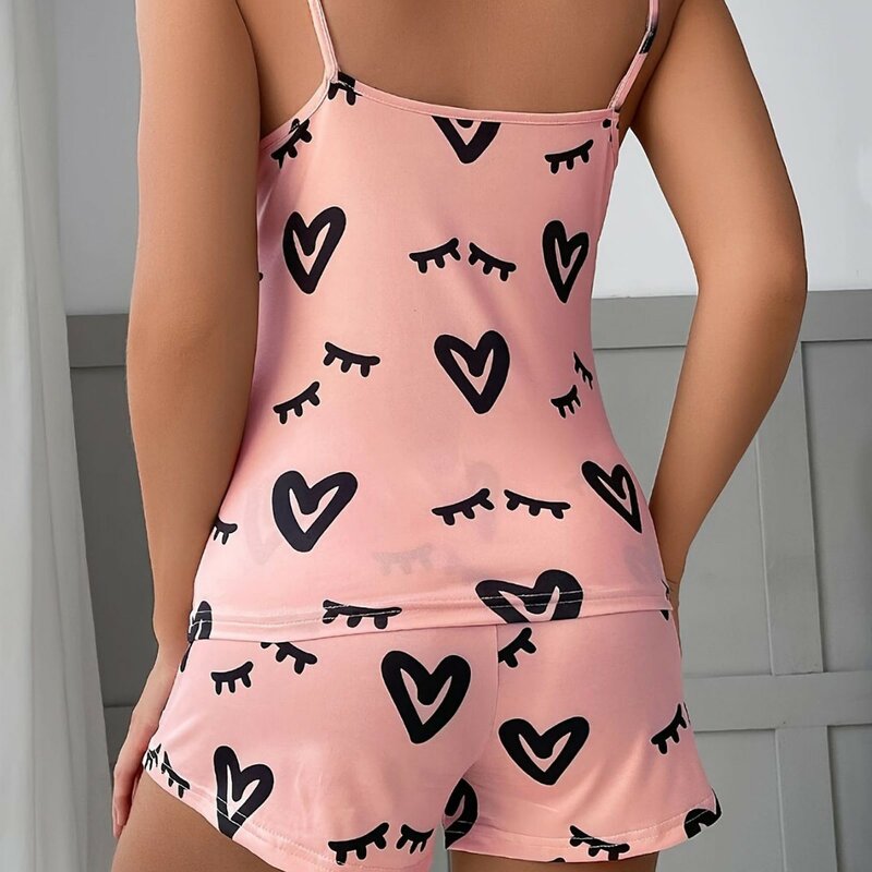 2023 Nieuwe Mode Sexy Hart Bedrukte Pyjama Set Dames 2 Stuks Nachtkleding Pyjama Zijden Satijnen Cami Top En Korte Broek Pyjama
