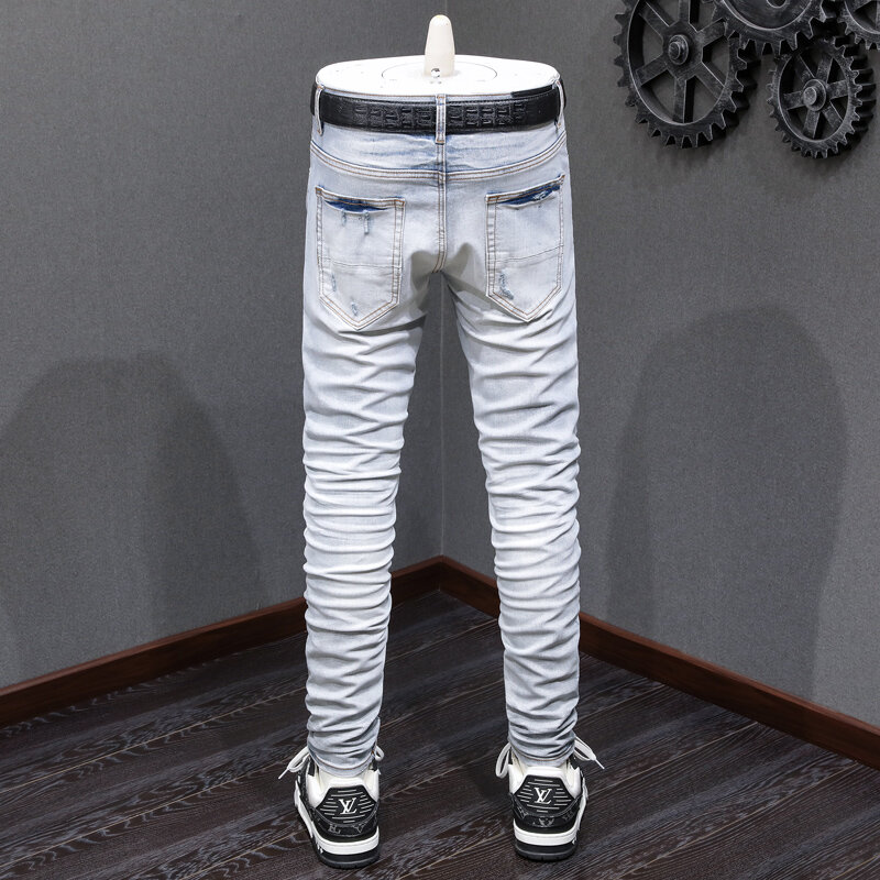 Джинсы мужские Стрейчевые в стиле ретро, модные рваные джинсы скинни, Стрейчевые брюки с вырезами, дизайнерские брендовые штаны в стиле хип-хоп, цвет синий