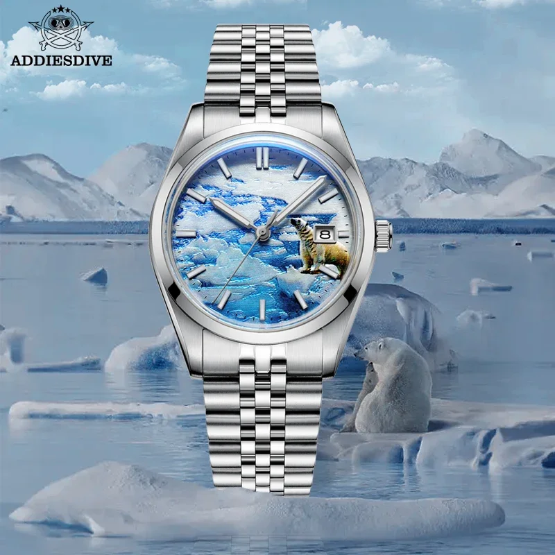 ADDIADDIESDIVE-Montre Mécanique existent en Acier Glacier 3D, Montre-Bracelet en Verre Miroir, Moteurs Super Shoous, Plongeur, 39mm, 100m