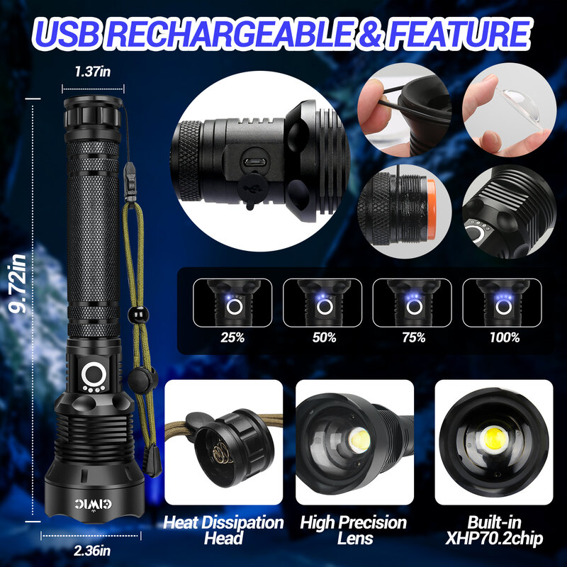 Rechargeable LED Flashlights XHP70 Lamp Beads 90000 Lumens Super Bright Flashlight Powerful Flashlight for Camping Emergencies