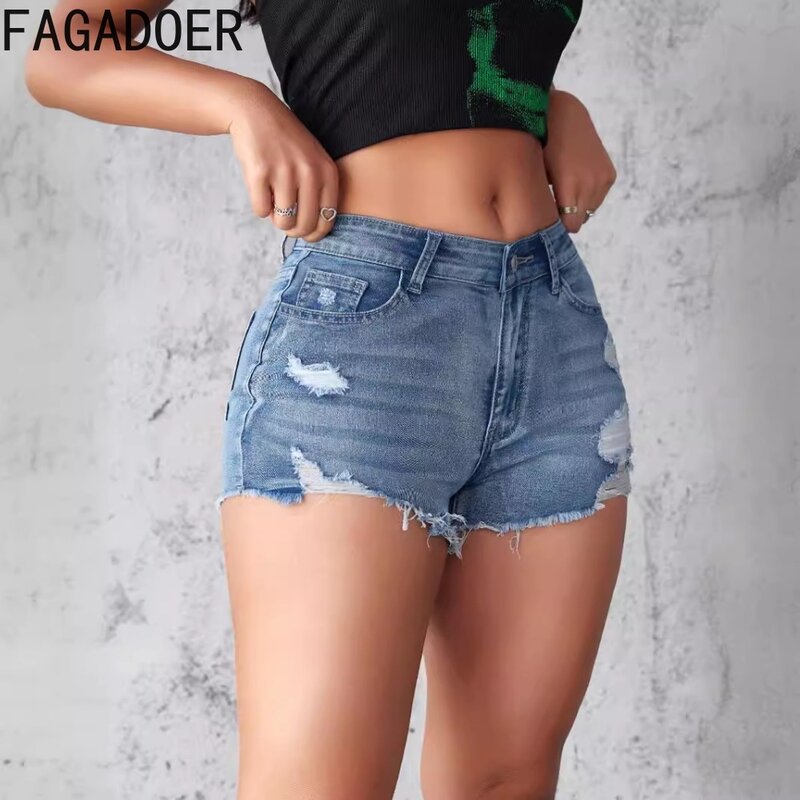 FAGADOER letnie nowe z dziurami, dżinsowe spodenki damskie z wysokim stanem kieszeń na guzik dżinsowe damskie dopasowane spodnie w jednolitym kolorze