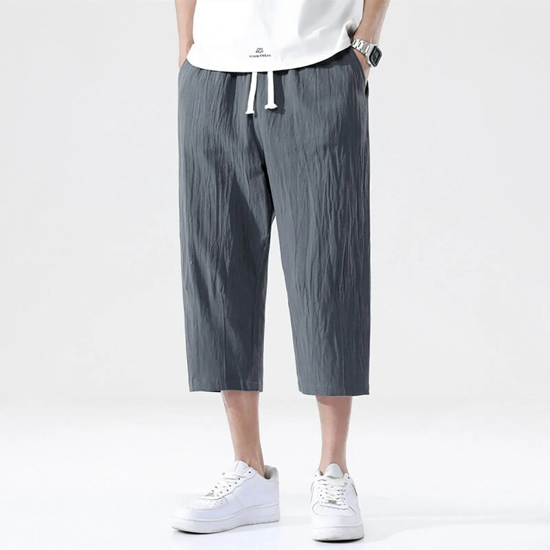Брюки мужские повседневные из хлопка и льна, универсальные свободные льняные штаны, трендовые прямые штаны в Корейском стиле, 7 точек, лето