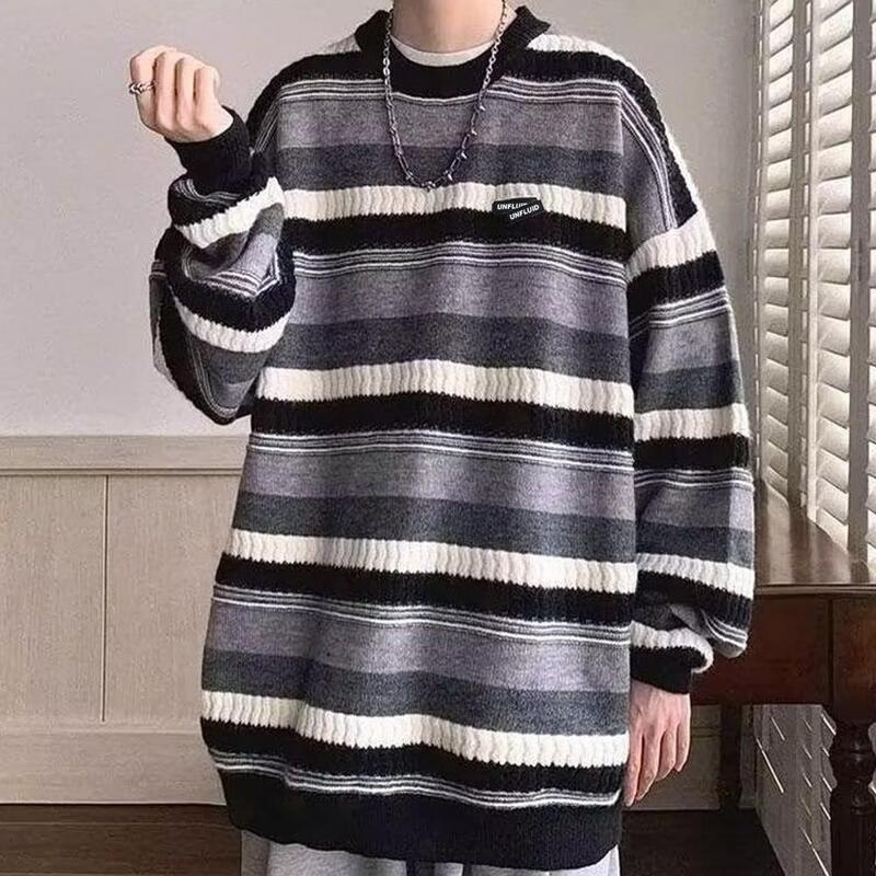 Striped Color Block Top Men's Loose Knit Striped Sweater for Autumn Winter O-neck Pullover Casual Streetwear Soft Comfortable