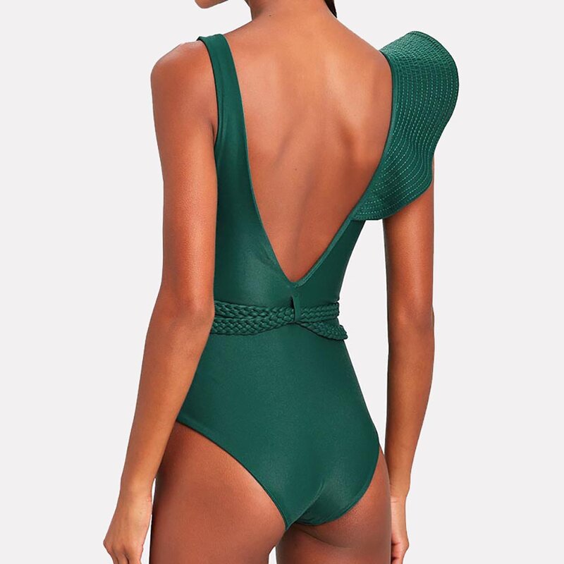 Neue Plus Size Bade bekleidung Frauen Luxus sexy einteilige Badeanzüge Deep-V Micro Bikini Schulter solide gekräuselte Strand Badeanzug