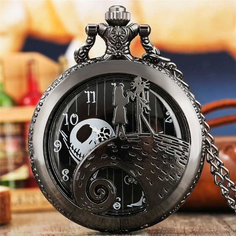 Reloj de bolsillo analógico de cuarzo Unisex, pulsera con diseño de calavera ahuecada en color negro/plata/oro antiguo, cadena de suéter, regalo de Nochebuena