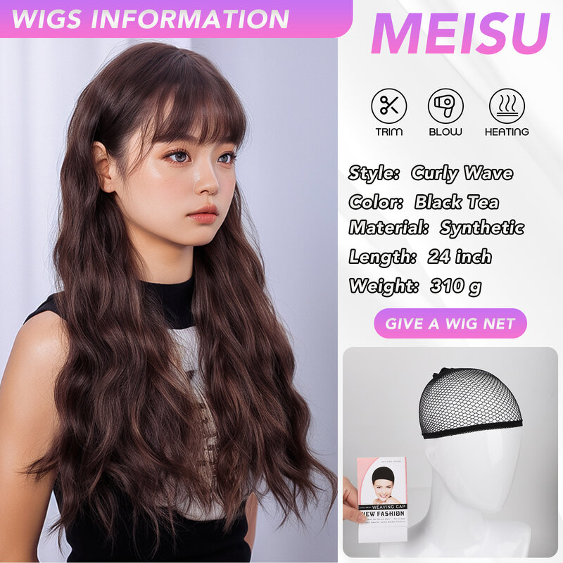 MEISU-peluca con flequillo de onda rizada de agua de té negro, fibra sintética resistente al calor, pelo de onda profunda Natural para fiesta o Selfie, 24 pulgadas