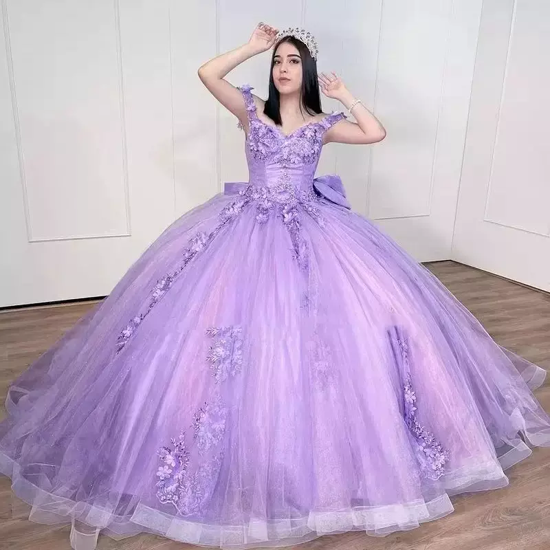 Charming Lilac Princess Quinceanera Dresses Big Bow 3D Flower Appliques Cinderella 16 Ball Gown Birthday Vestidos De 15 Anos