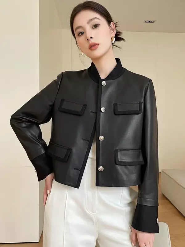 Simple Black Genuine Leather Jacket for Women Autumn 2024 New Patchwork Design Single-breasted Elegant Cropped Sheepskin Coat