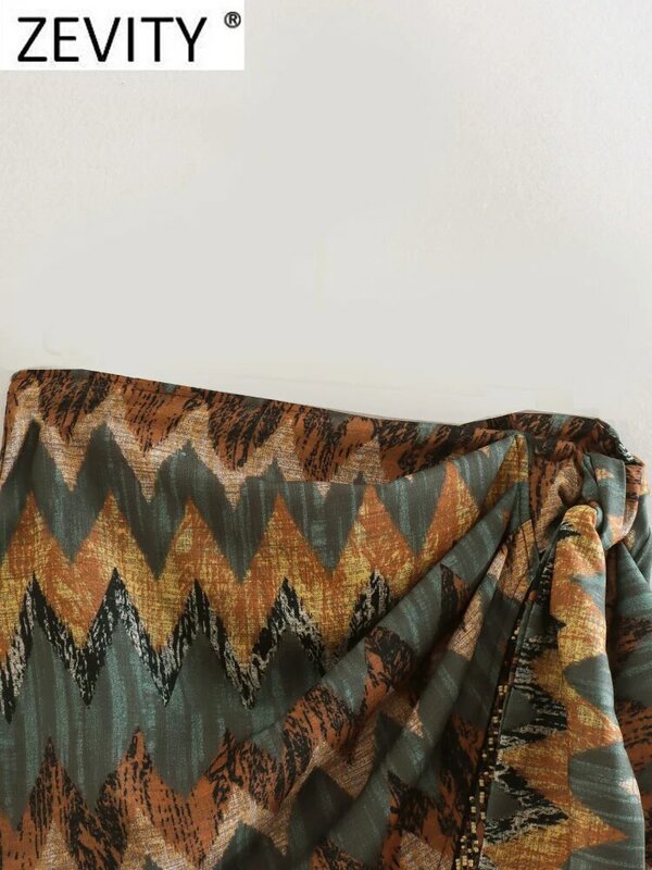Женская винтажная мини-юбка Zevity с геометрическим принтом и узлом, женская повседневная юбка с бисером и кисточками на молнии, Vestidos QUN1436