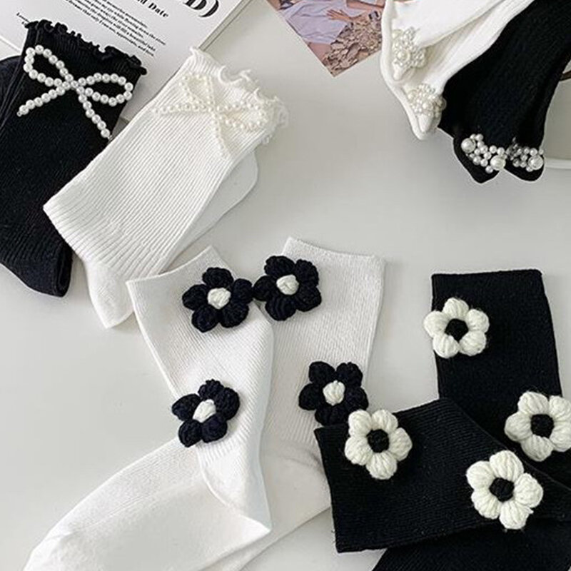Women Cotton Socks Ruffles Pearl Bow Mid Tube Sock JK Lolita Socks Retro Preppy Style Socks Spring Summer Socks