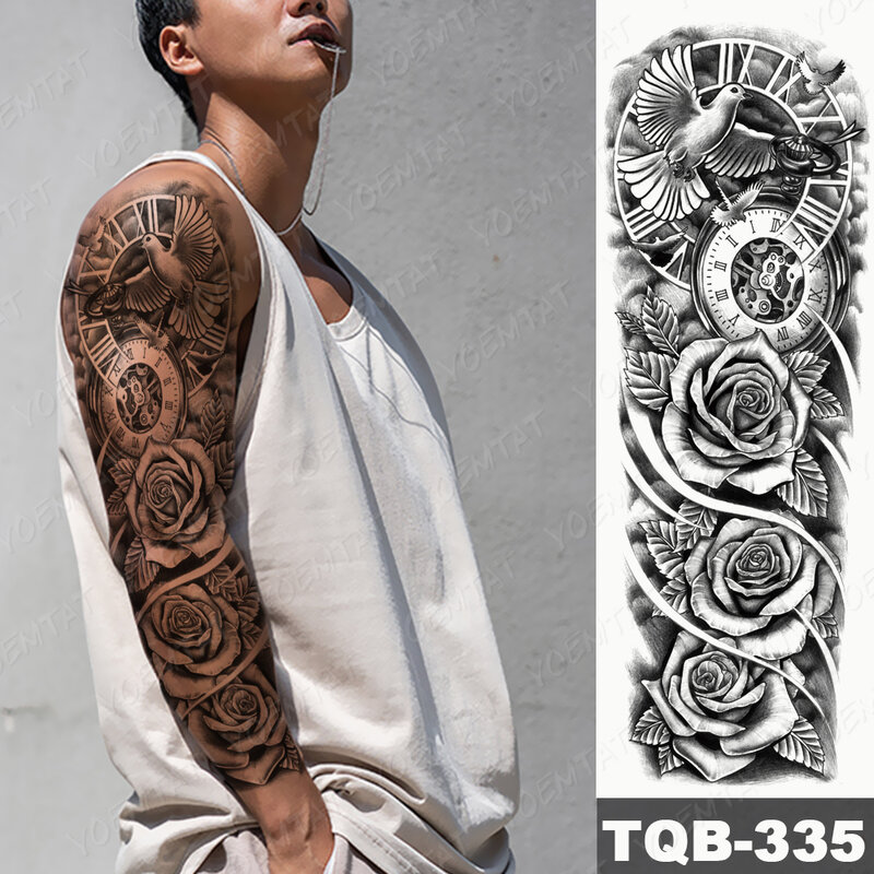 Tatuaggio manica grande braccio leone corona re rosa impermeabile tatuaggio temporaneo adesivo lupo selvaggio tigre uomini cranio pieno Totem tatuaggio finto